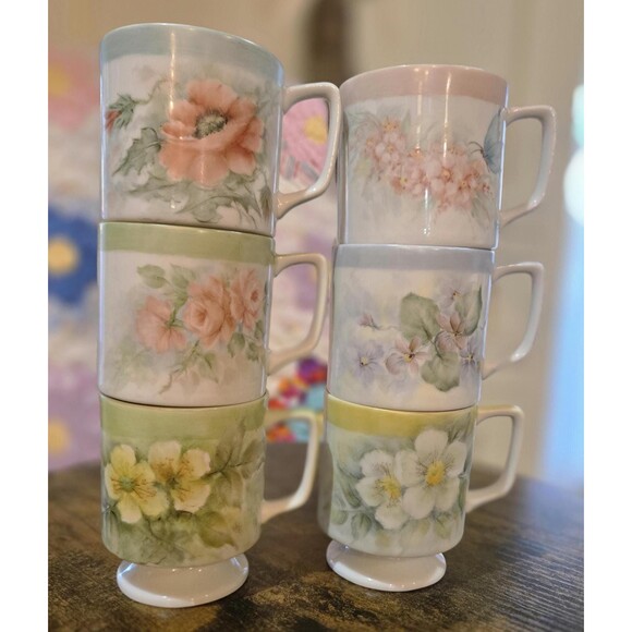 Vintage Hand Painted Porcelain Mugs with Pastel Flowers (set of 6) - Picture 2 of 10